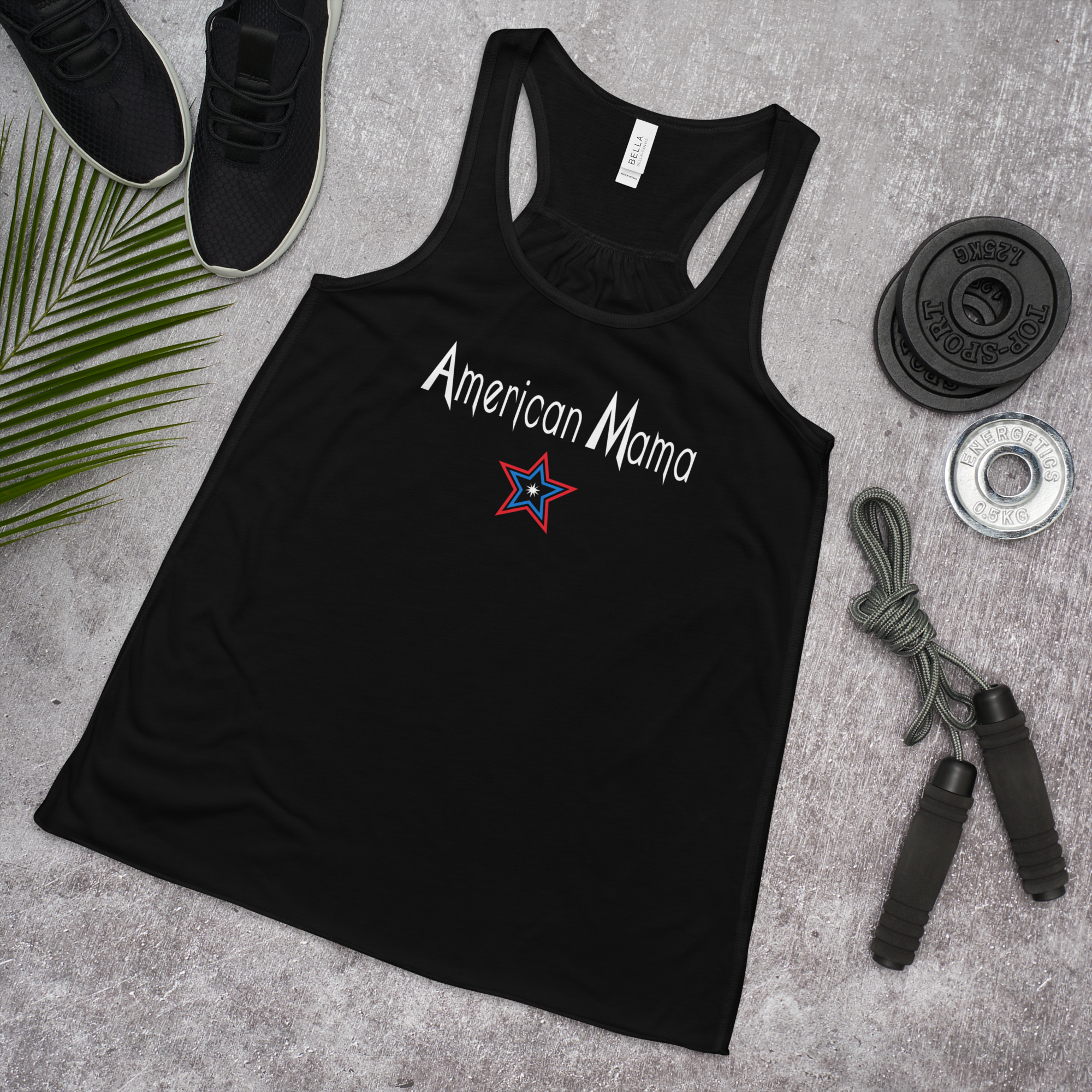 4th of July Racerback Tank Top, American Mama Design, Black and Gray